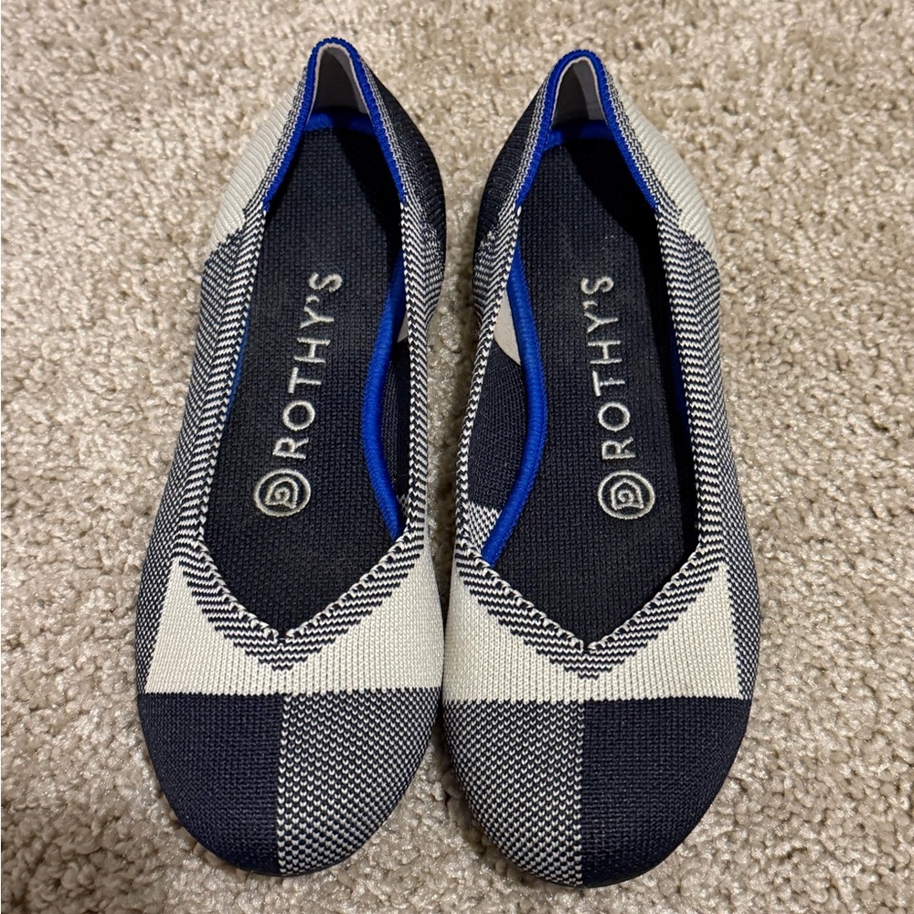 Rothy’s The Flat Cap Toe Black & White Plaid Casual Knit Ballet Flats Size 6